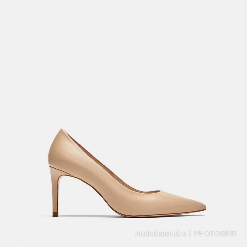 Zara Nude Leather Midi Court Shoes Pumps 37 6.5
